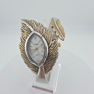 Vtg VIVANI ACCUTIME Ladies Leaf Watch Hinged Cuff Textured Silver & Gold Tone 7"